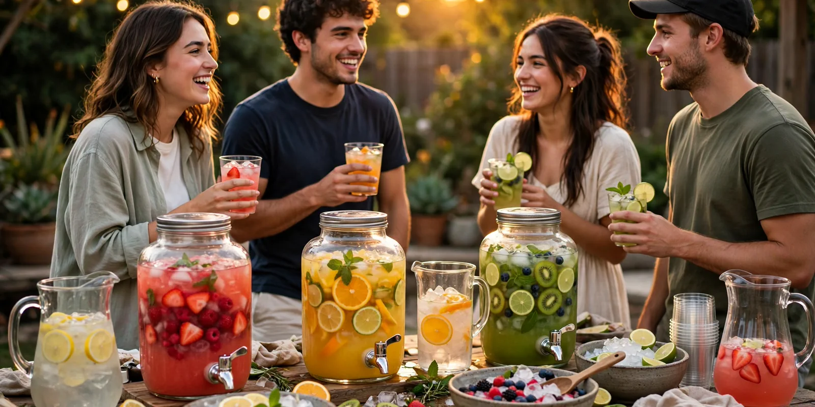 College party drink station with glass dispensers of punch and mocktails on a decorated table
