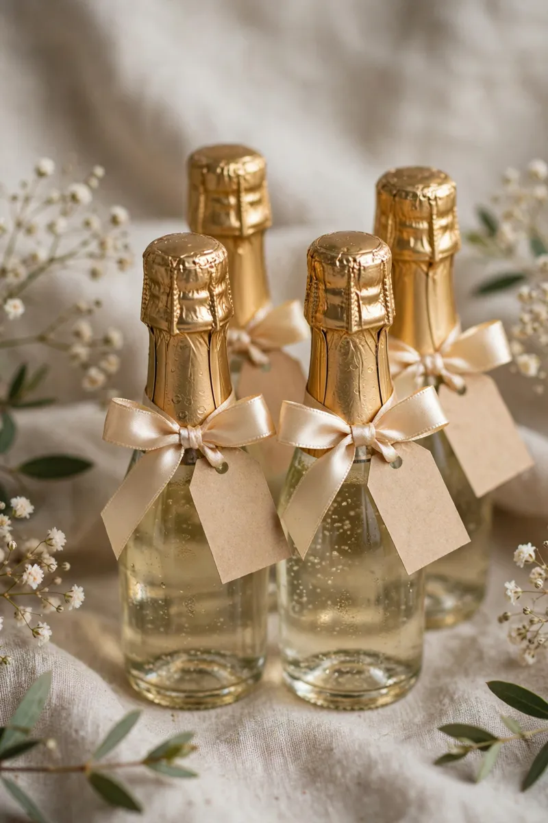 Mini champagne bottles with ribbon tags as elegant party favors