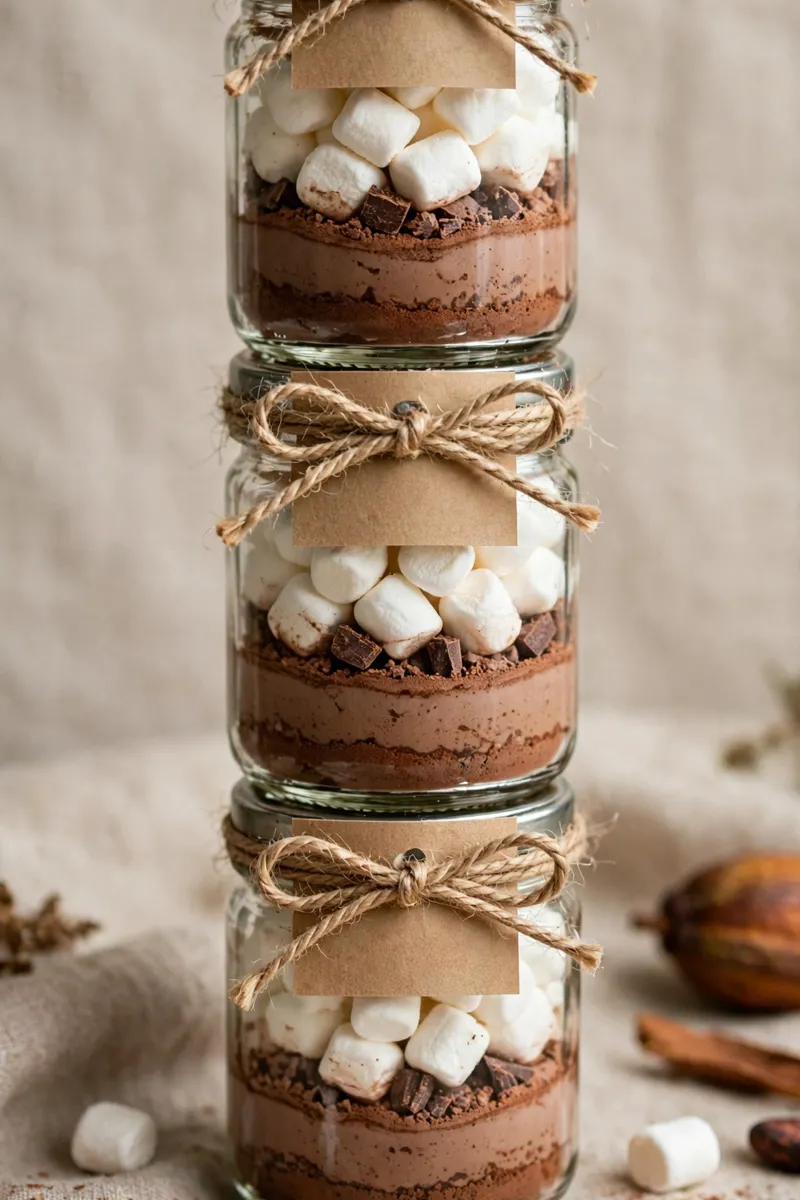 Layered hot cocoa favor jars with marshmallows and twine tags