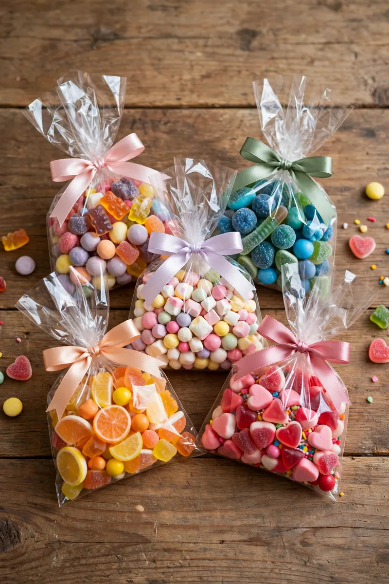 Colorful candy gift bags with ribbon as cheap party favors