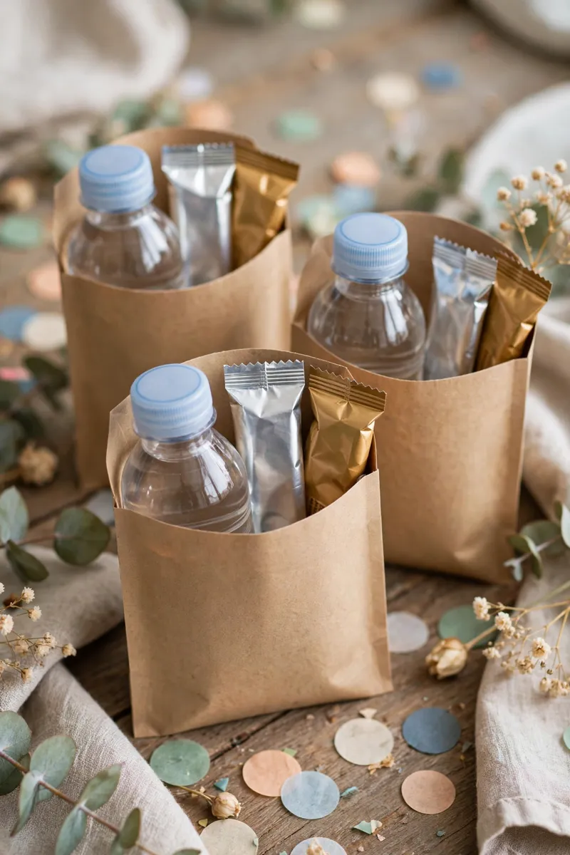 Hangover kit pouches with small bottles and snacks as party favors