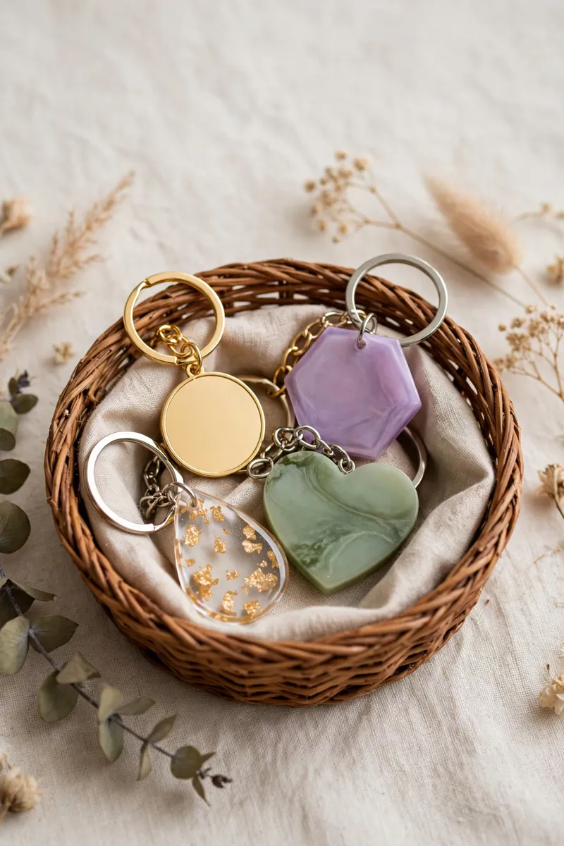 Custom keychain favors in a basket as personalised party favors