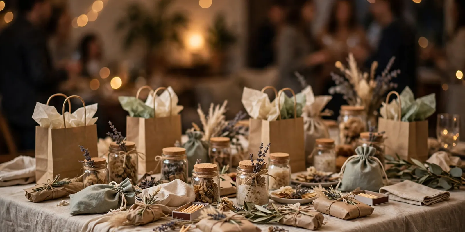 Table of party favor ideas for adults: kraft gift boxes, mini bottles, and candle tins arranged for guests