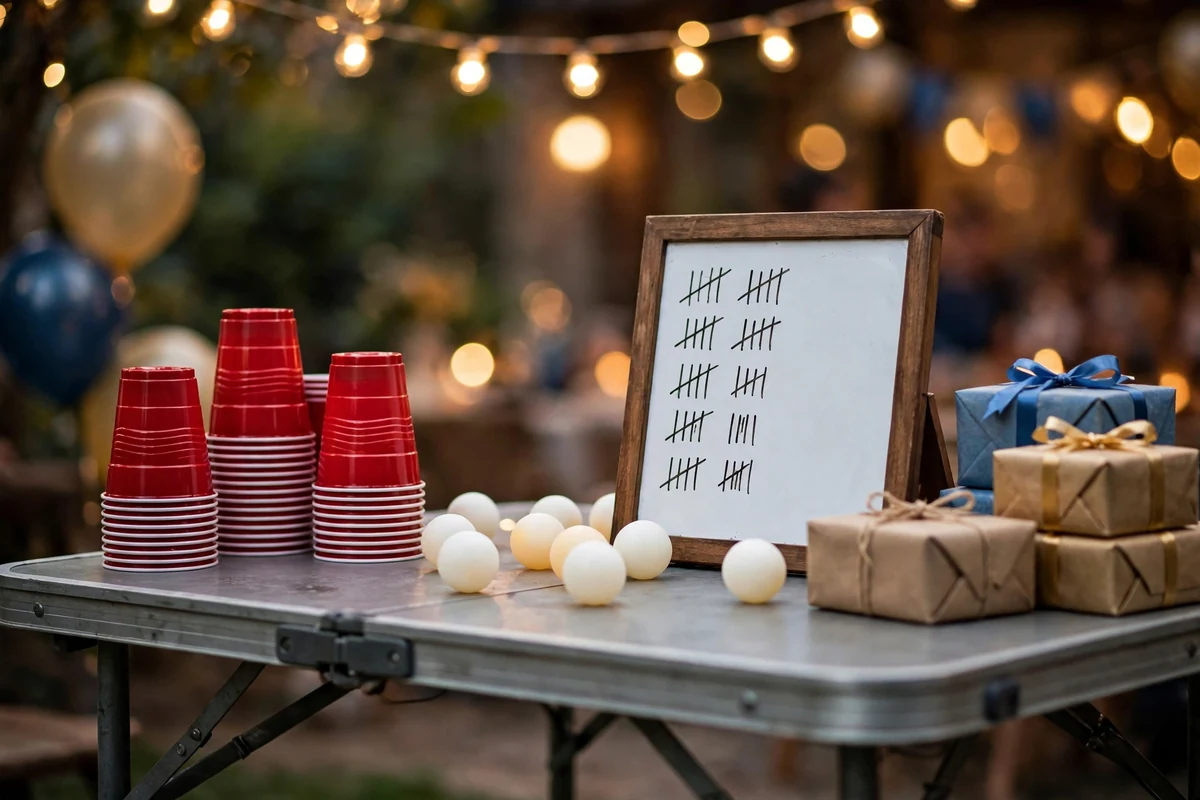 Party game station setup with scoreboard and prize table