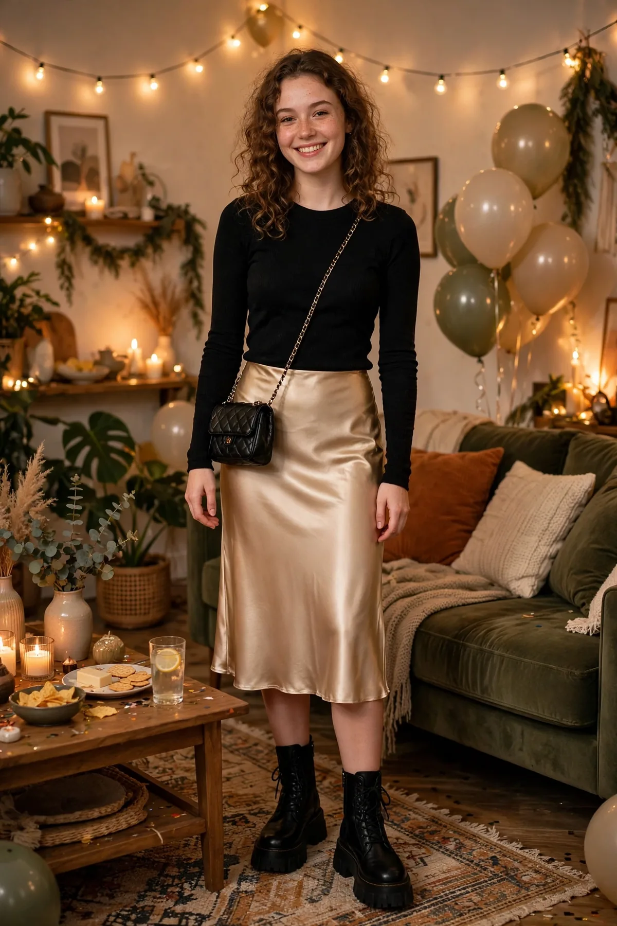 Girl game-night outfit look 3: satin skirt and boots