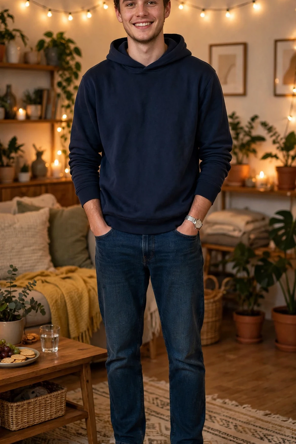 Guy game-night outfit look 1: hoodie and jeans