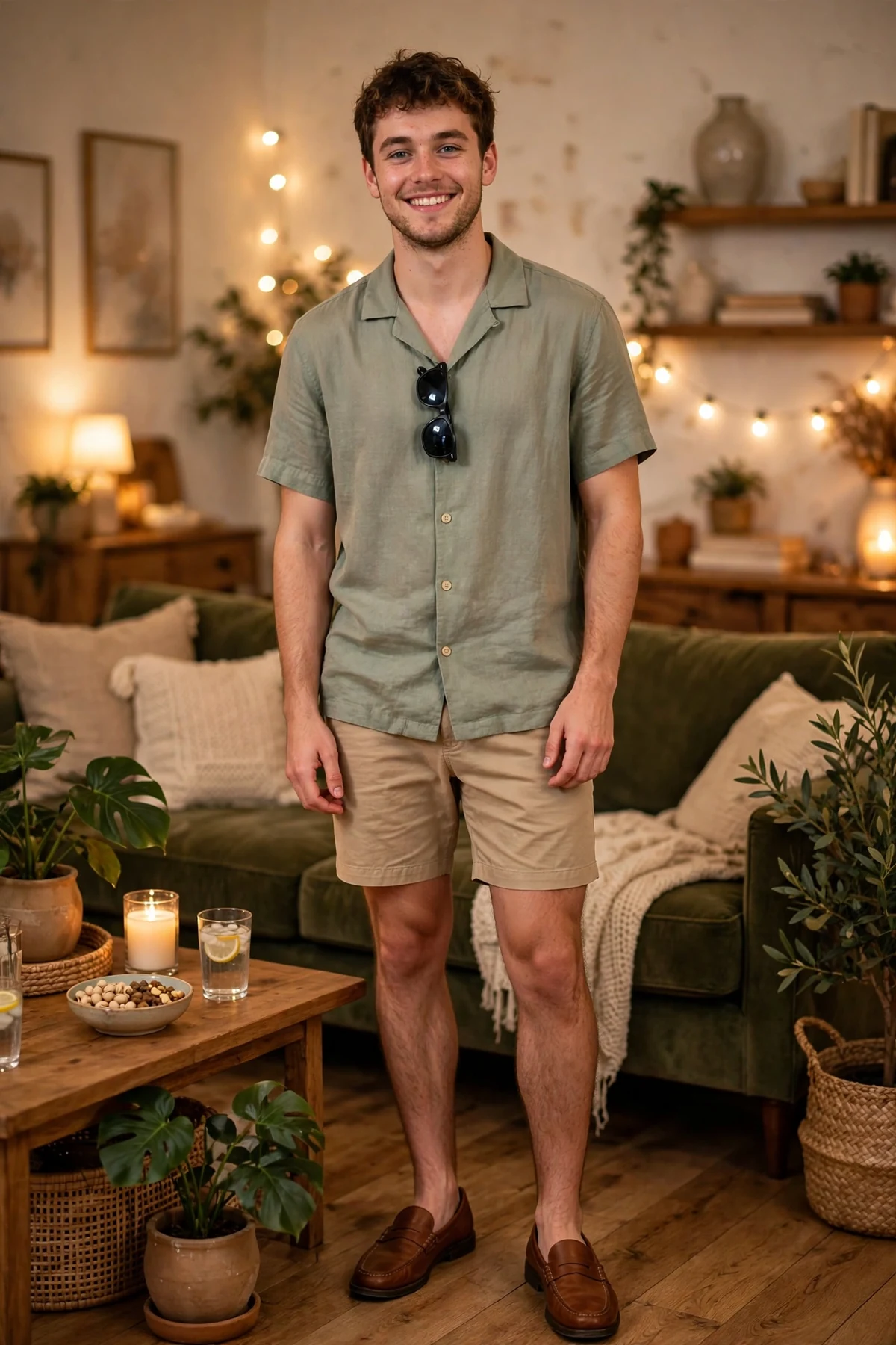 Guy game-night outfit look 2: camp shirt and chinos