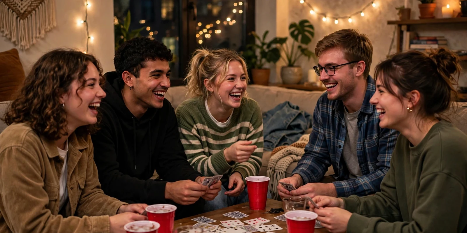 Friends playing party games in a living room at a college party