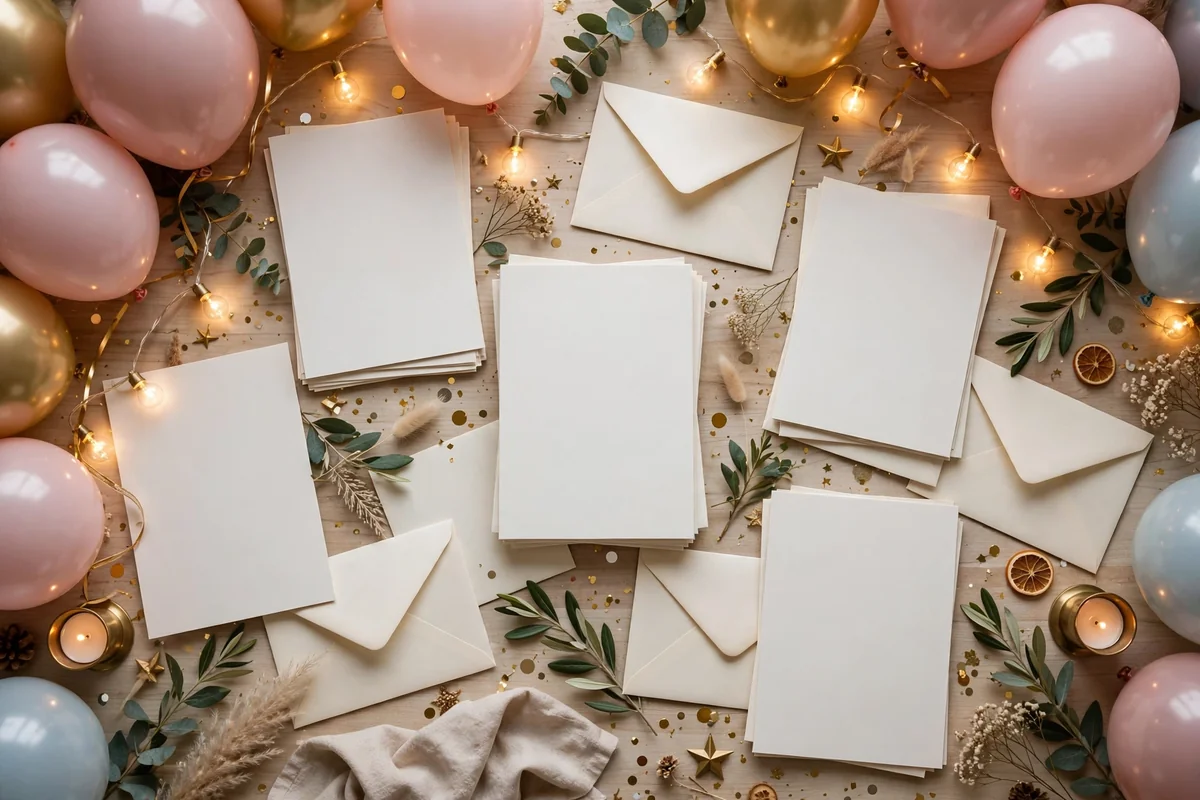 Party invitation display board with envelopes and photos at a party entrance