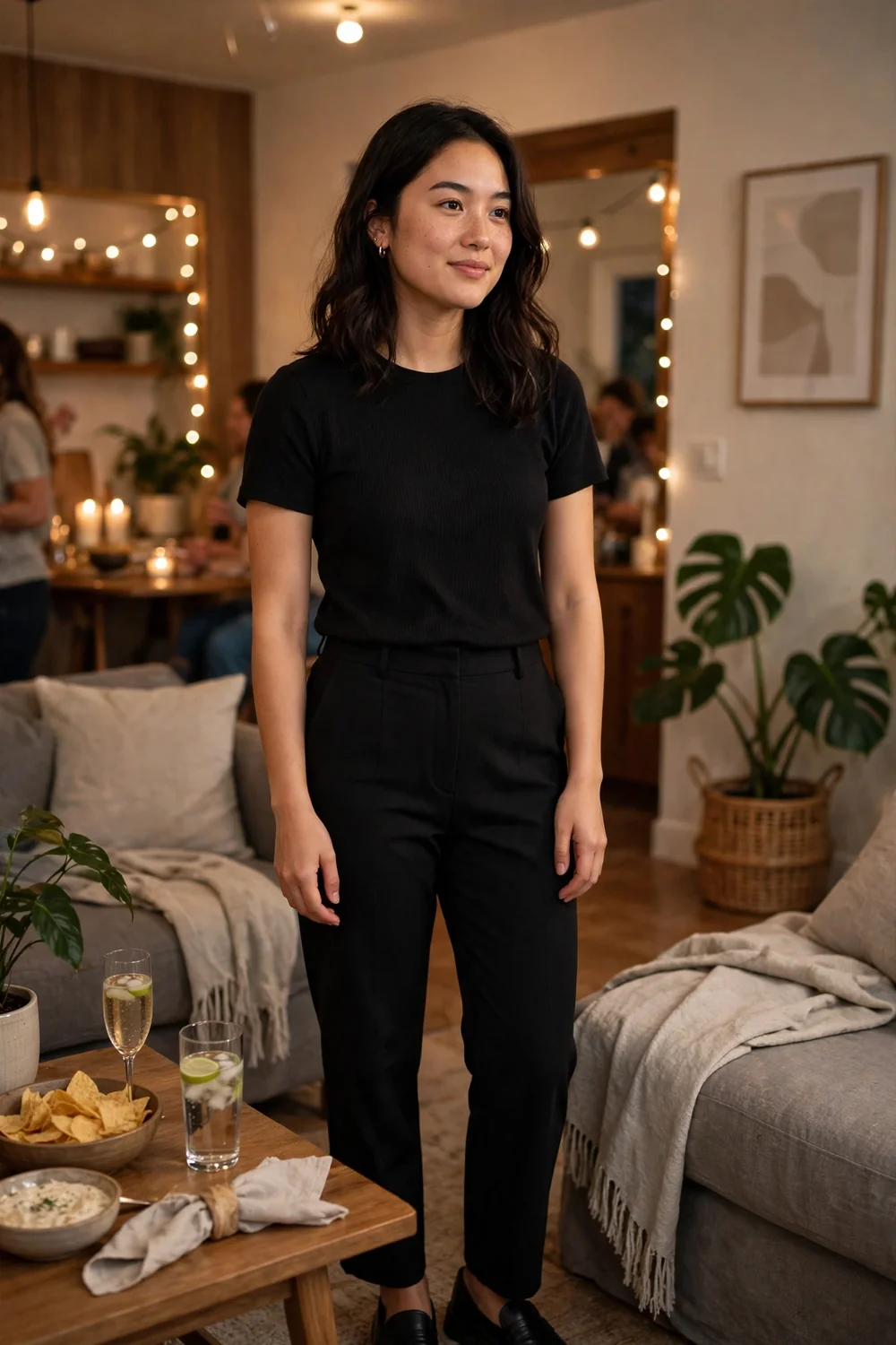 Girl in a smart casual black outfit at a party