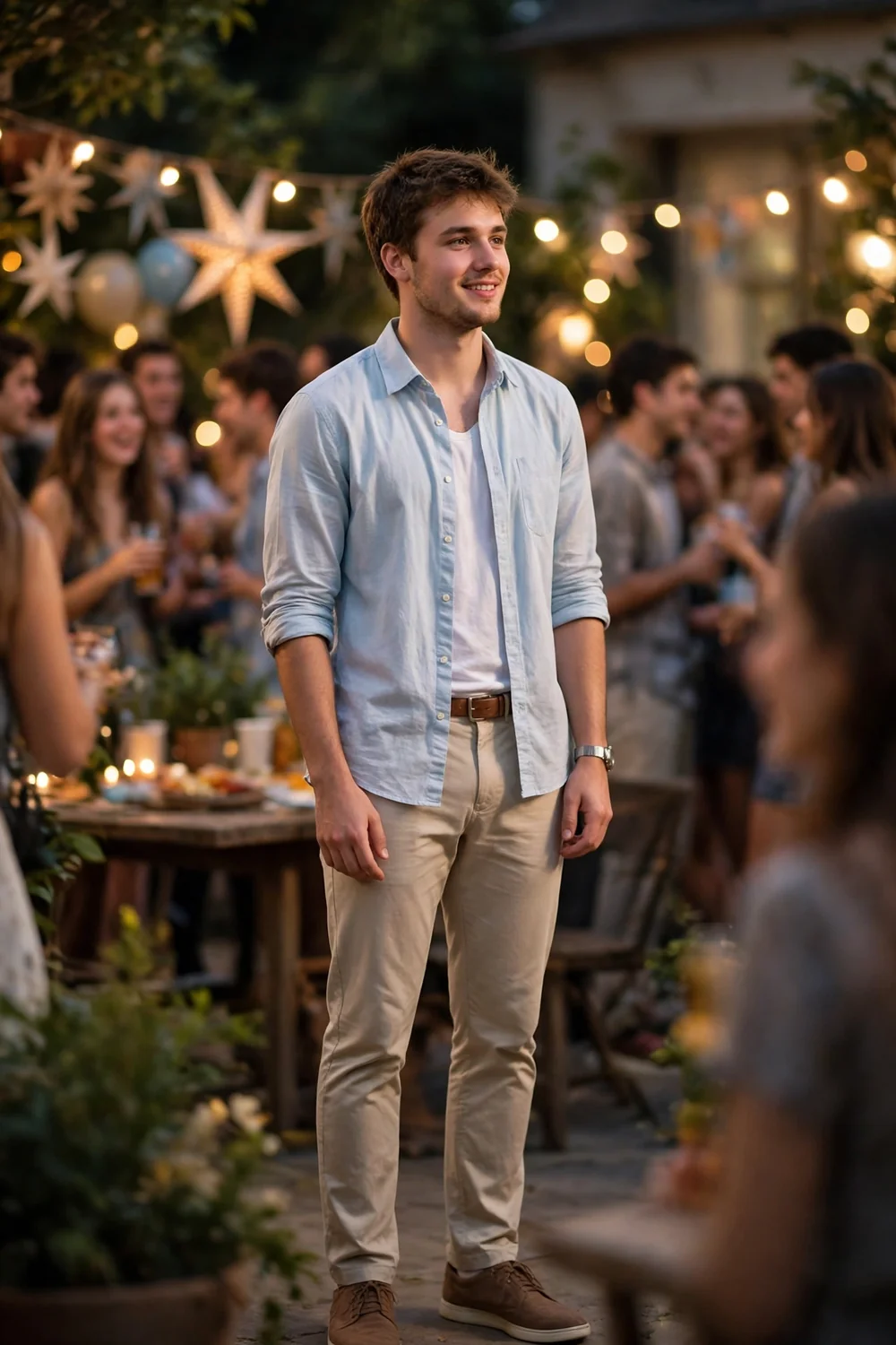 Guy in a light-blue open shirt over a white tee with beige chinos at a party