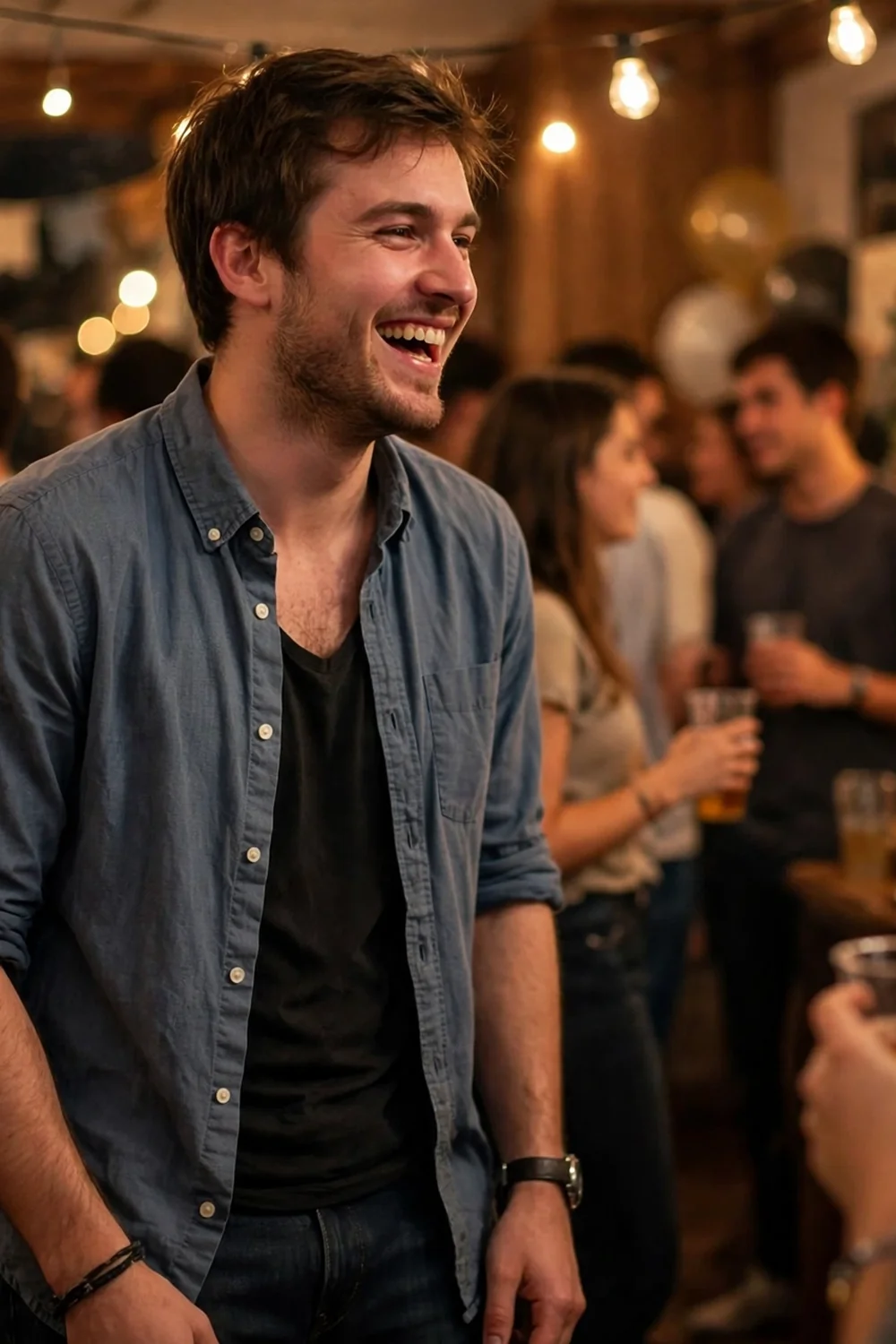 Guy in a blue button-down shirt worn open over a black tee with dark jeans at a party