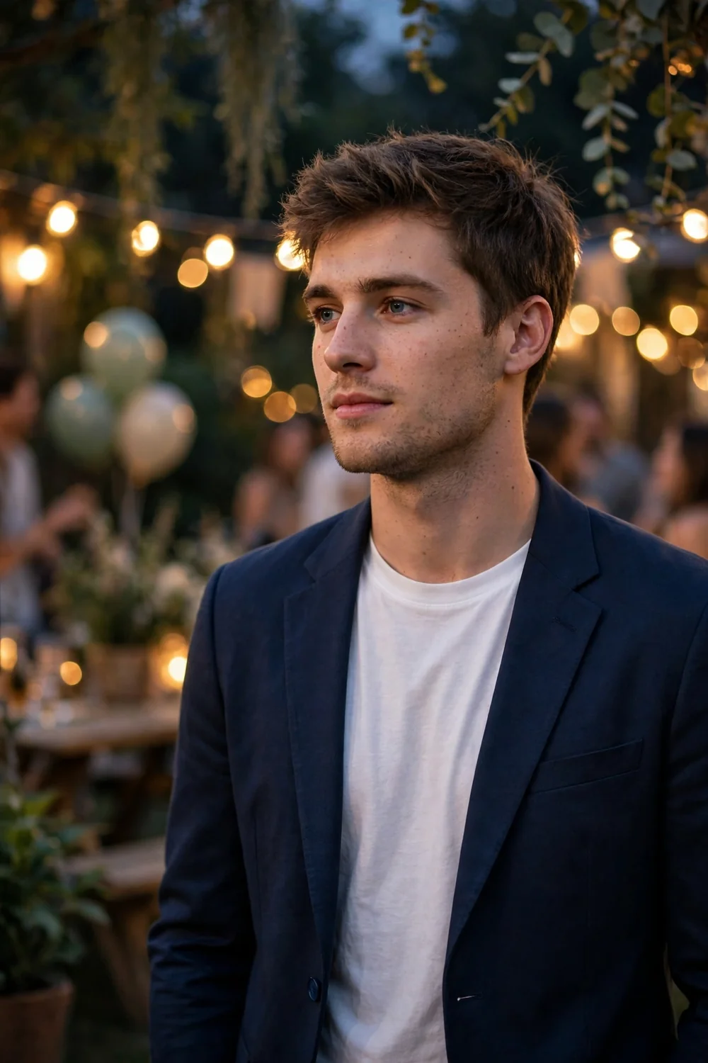 Guy in a navy blazer over a white tee at an evening party