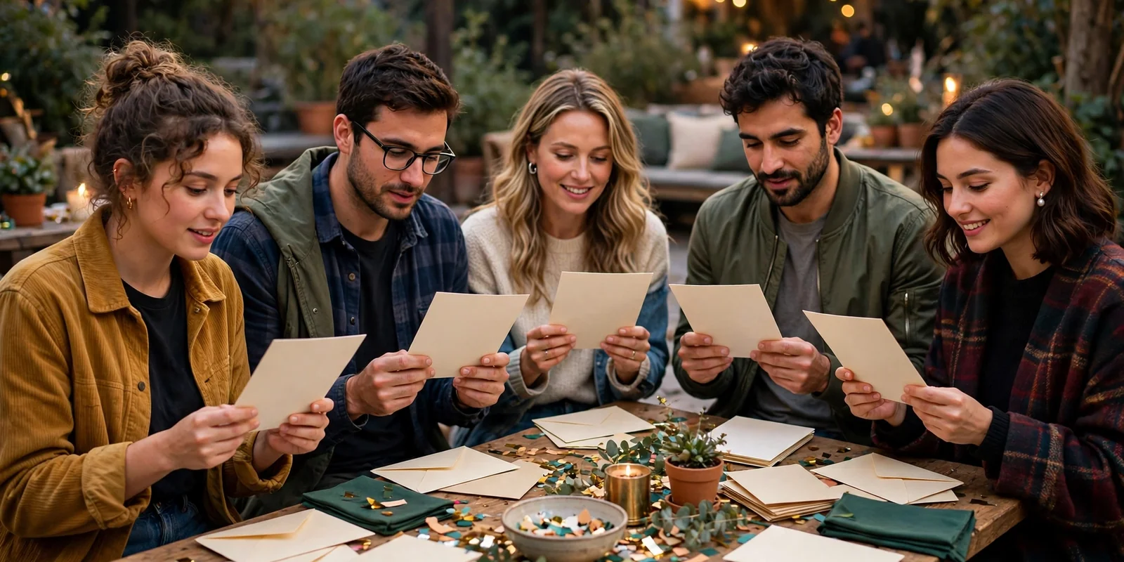 Friends arriving at a college house party holding printed invitations