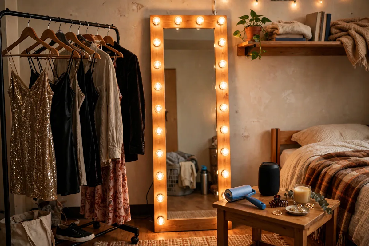 Getting-ready zone with full-length mirror, vanity lights and a clothing rack