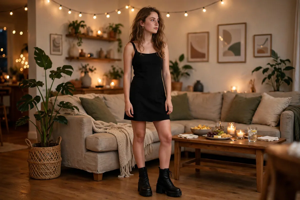 Girl in a little black dress and heeled boots at a house party