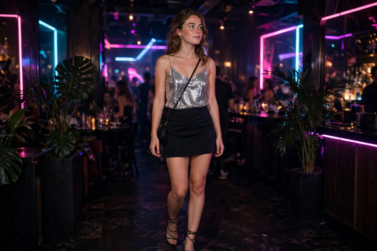 Girl in a sparkly sequin club outfit