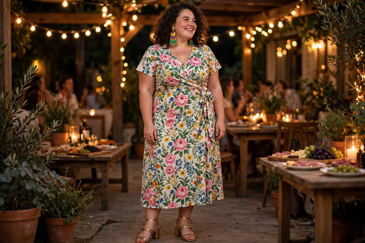 Plus-size woman in a floral wrap midi dress at a party