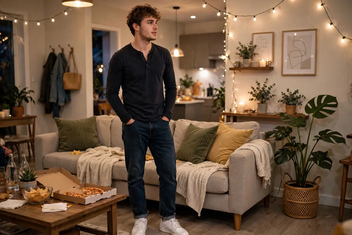 Young man in dark jeans and a fitted henley at a house party