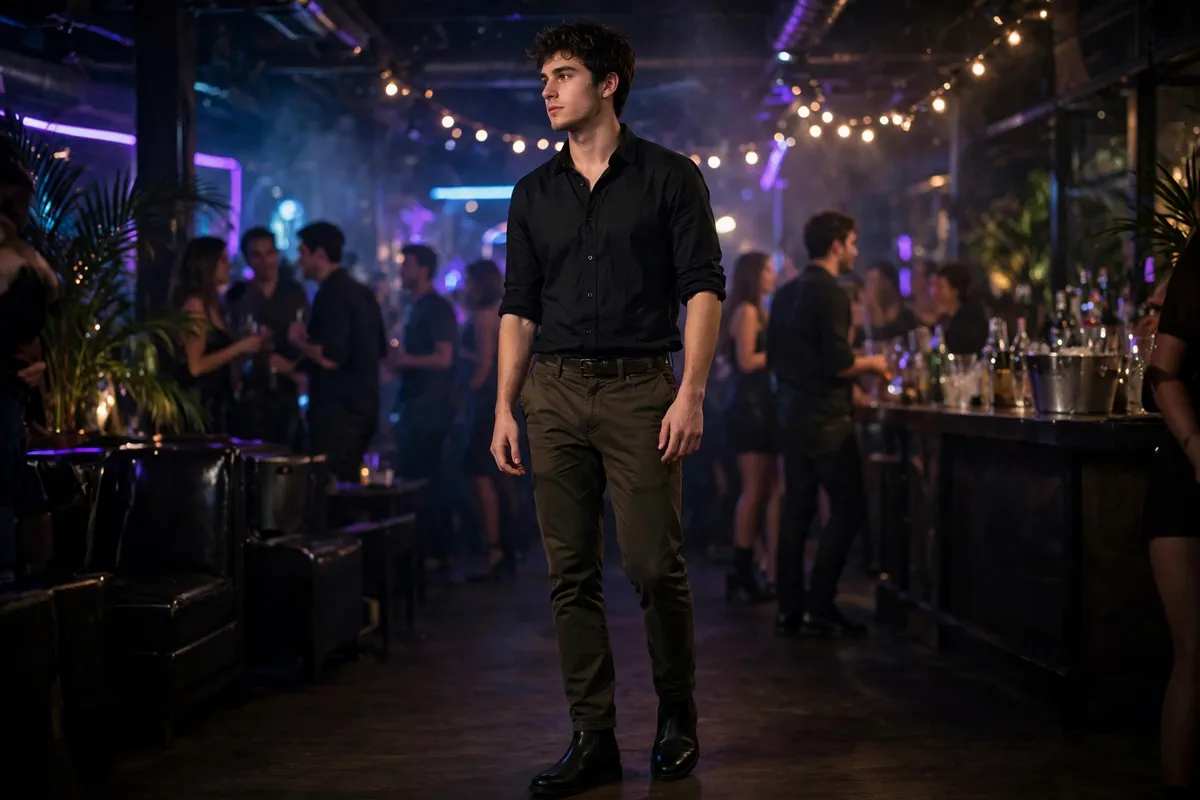 Young man in a black button-down shirt and chinos at a club