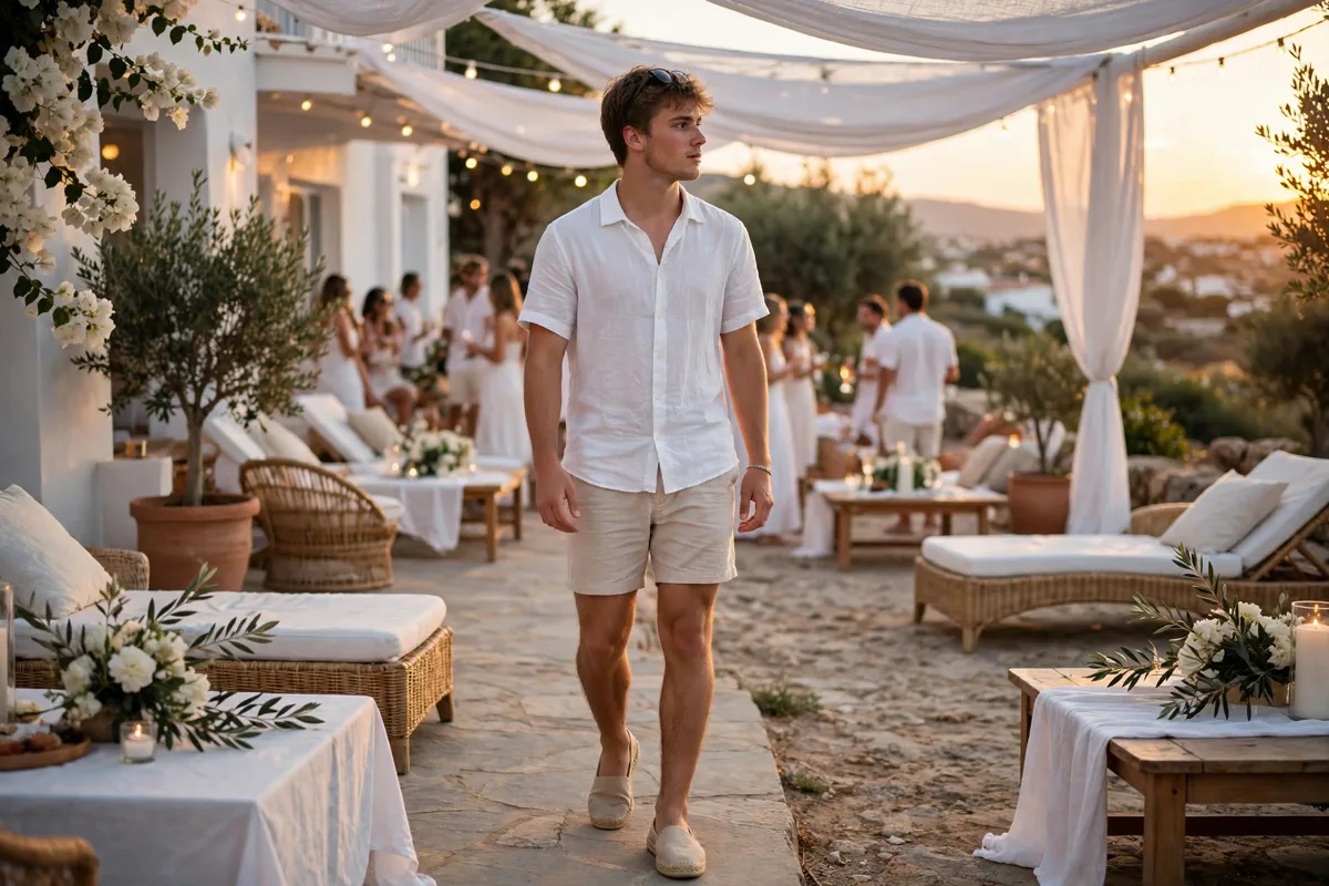 Young man in a white linen shirt at an ibiza-style white party
