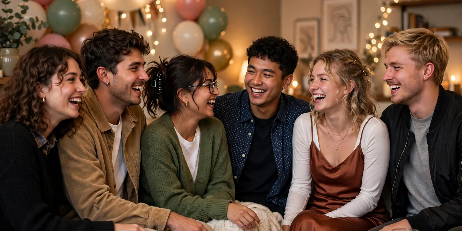 Group of college friends in party outfits laughing together at a house party with warm string lights