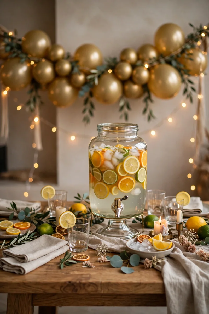 Party table setup with fairy lights, a drink dispenser, and a simple balloon garland