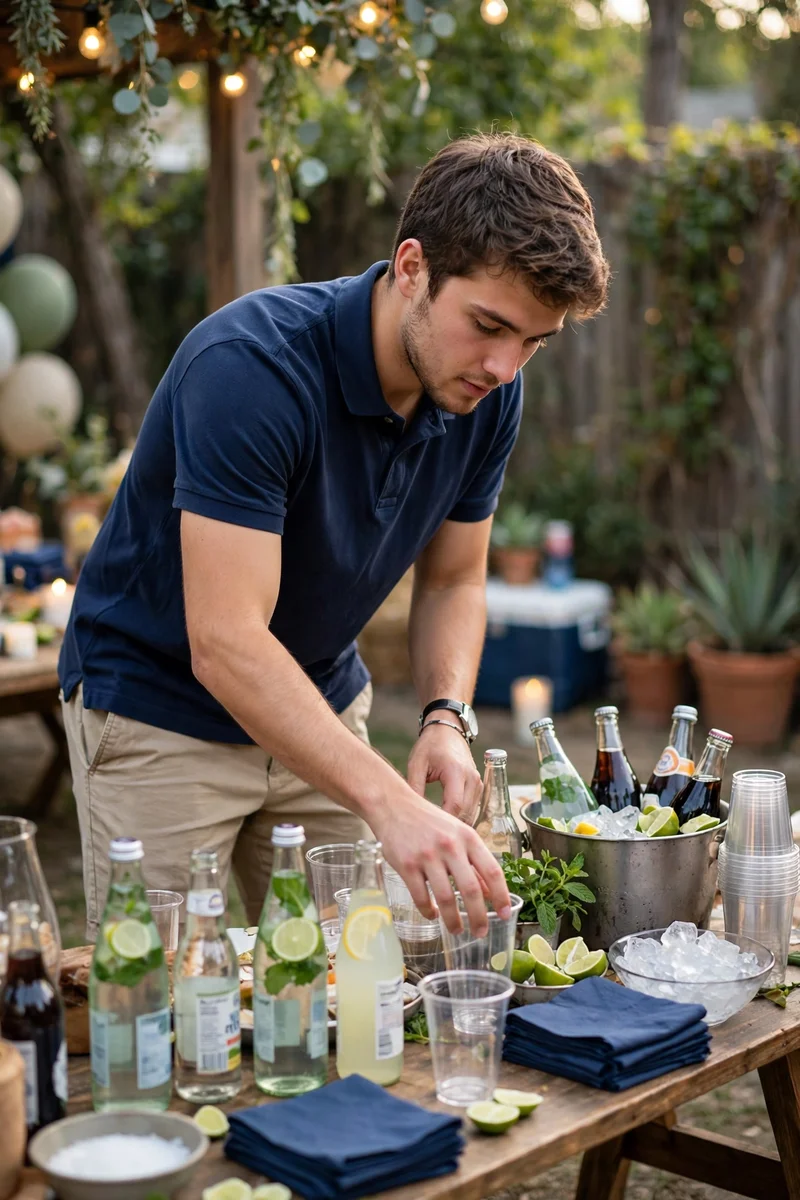 Young man in a polo shirt and khaki shorts arranging drinks at a party