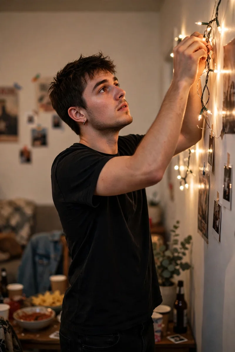 Young man in an all-black outfit adjusting string lights at a house party