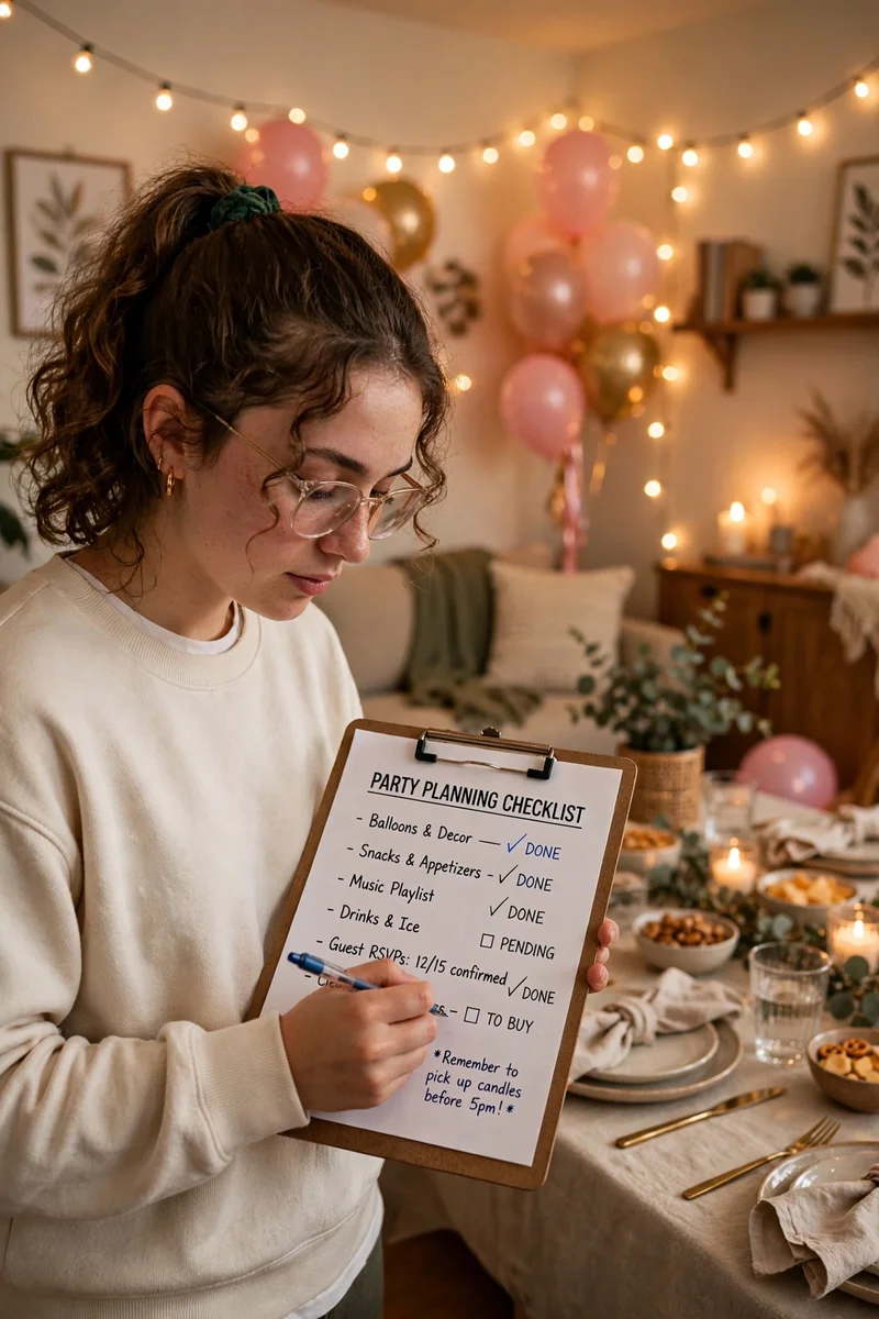 College student checking a party planning checklist while setting up a decorated living room