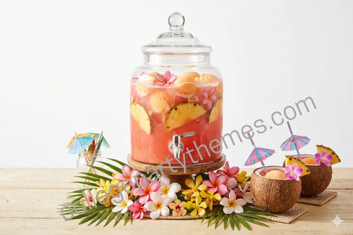 Pele's Punch pink tropical punch in glass dispenser pineapple slices sherbet coconut cups luau party drink