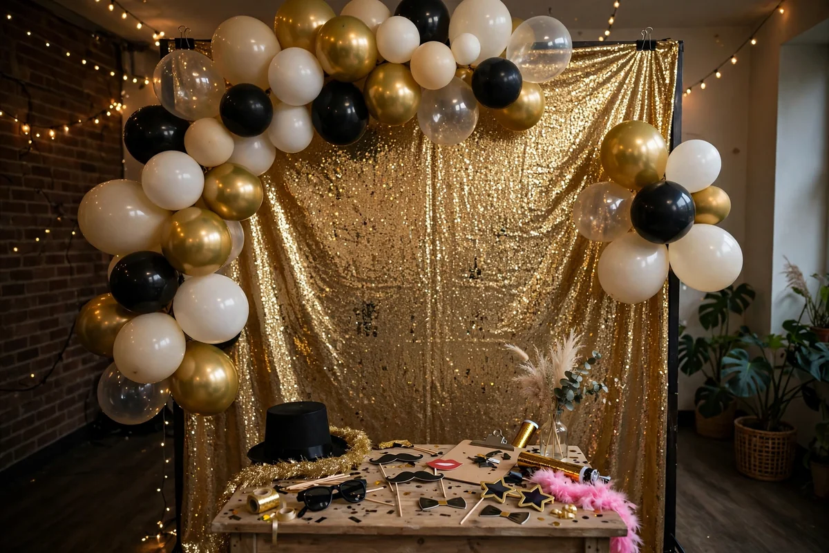 DIY party photo booth with a gold fringe backdrop, balloons, and fairy lights