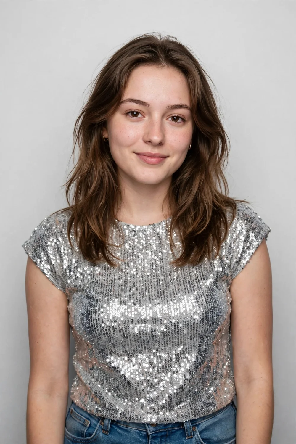 Girl in a sparkly party top and jeans posing at a party photo booth
