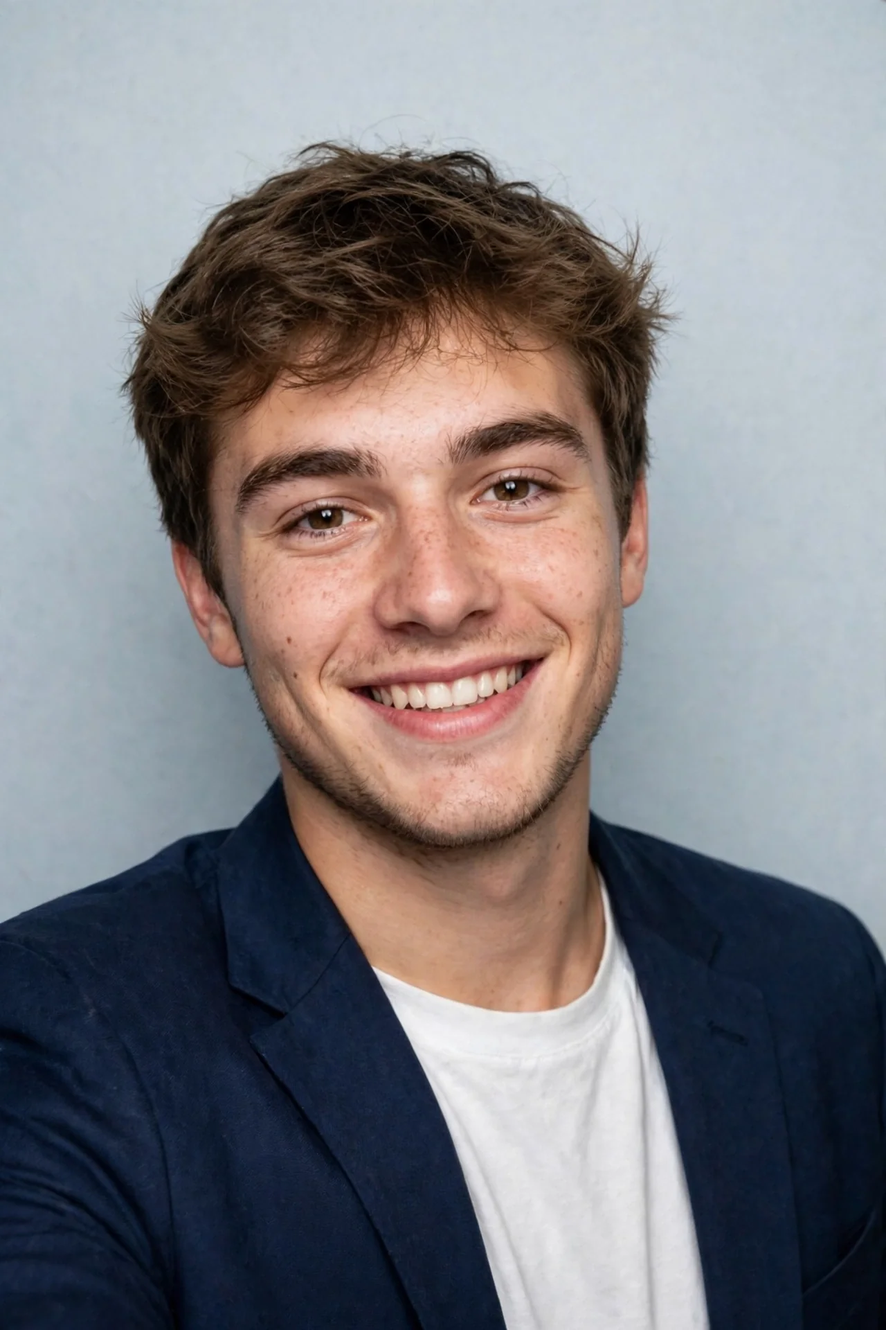 Guy in a smart blazer over a tee posing at a party photo booth