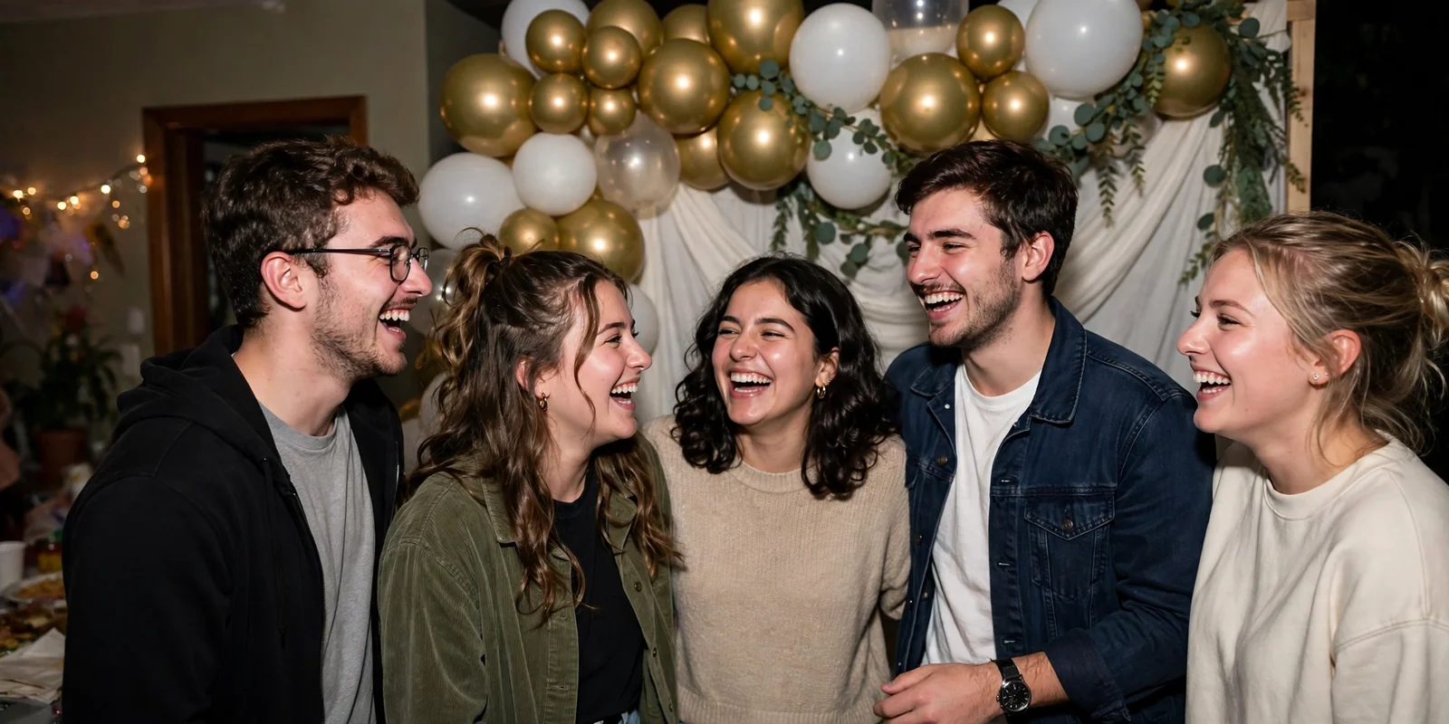 Friends posing with props in front of a gold fringe photo booth backdrop at a college party