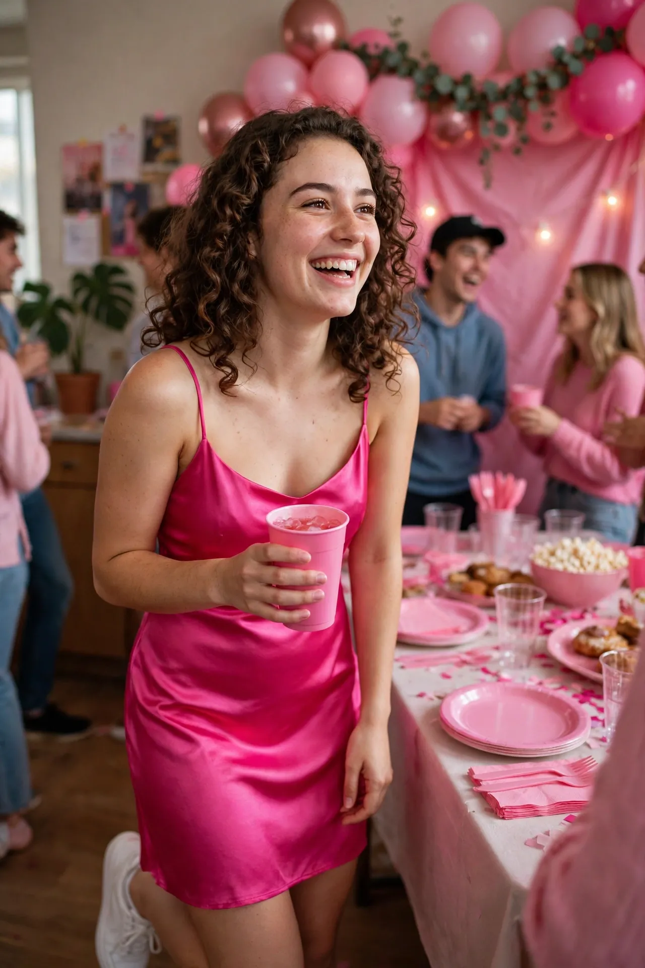Woman in a blush satin slip dress at a pink party