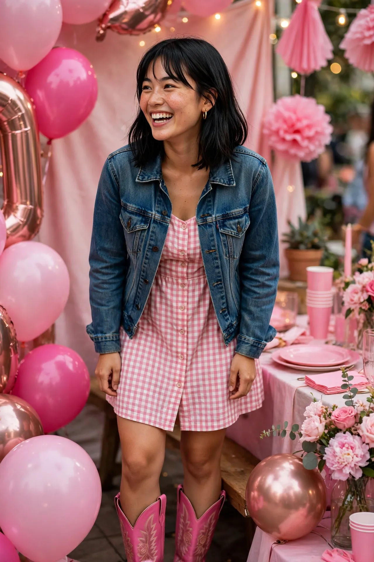 Woman in an oversized pink jumper and light-wash jeans at a house party