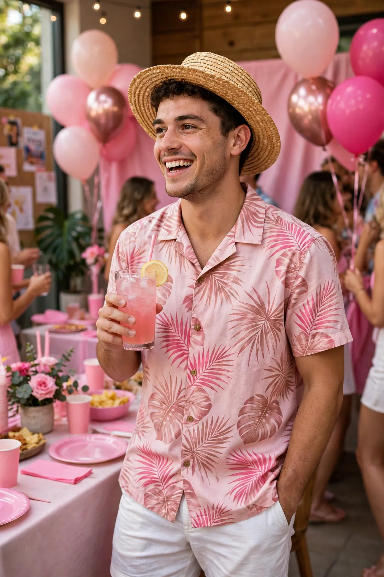 Man in a blush knit polo and dark jeans at a house party