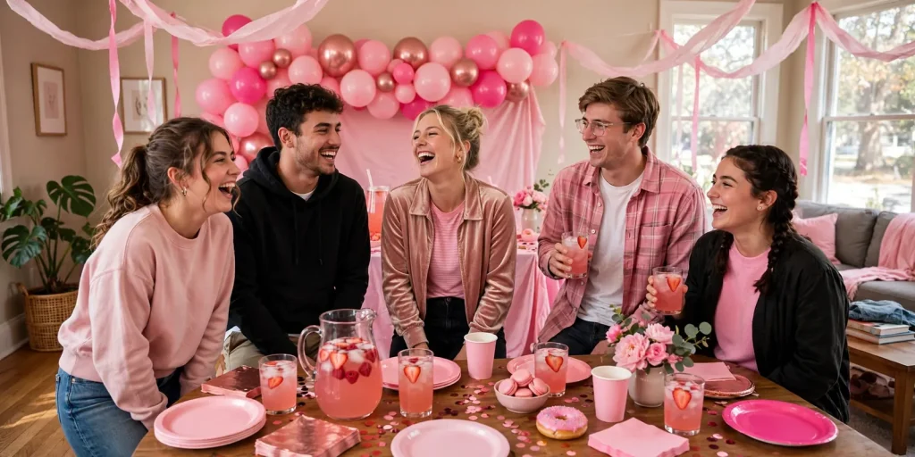 Group of college friends in pink outfits laughing together at a pink-themed party with balloons