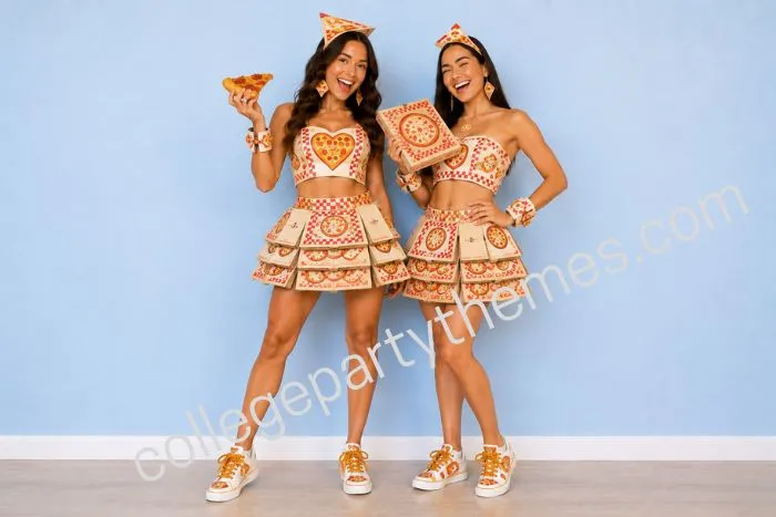 College girl wearing stacked pizza boxes cut into skirt and top anything but clothes ABC party