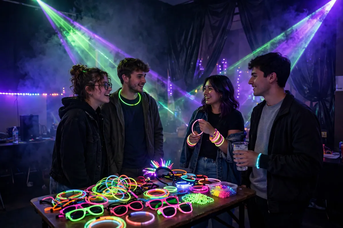 Rave party decor with laser lights, fog, blacklights and glow accessories on a table