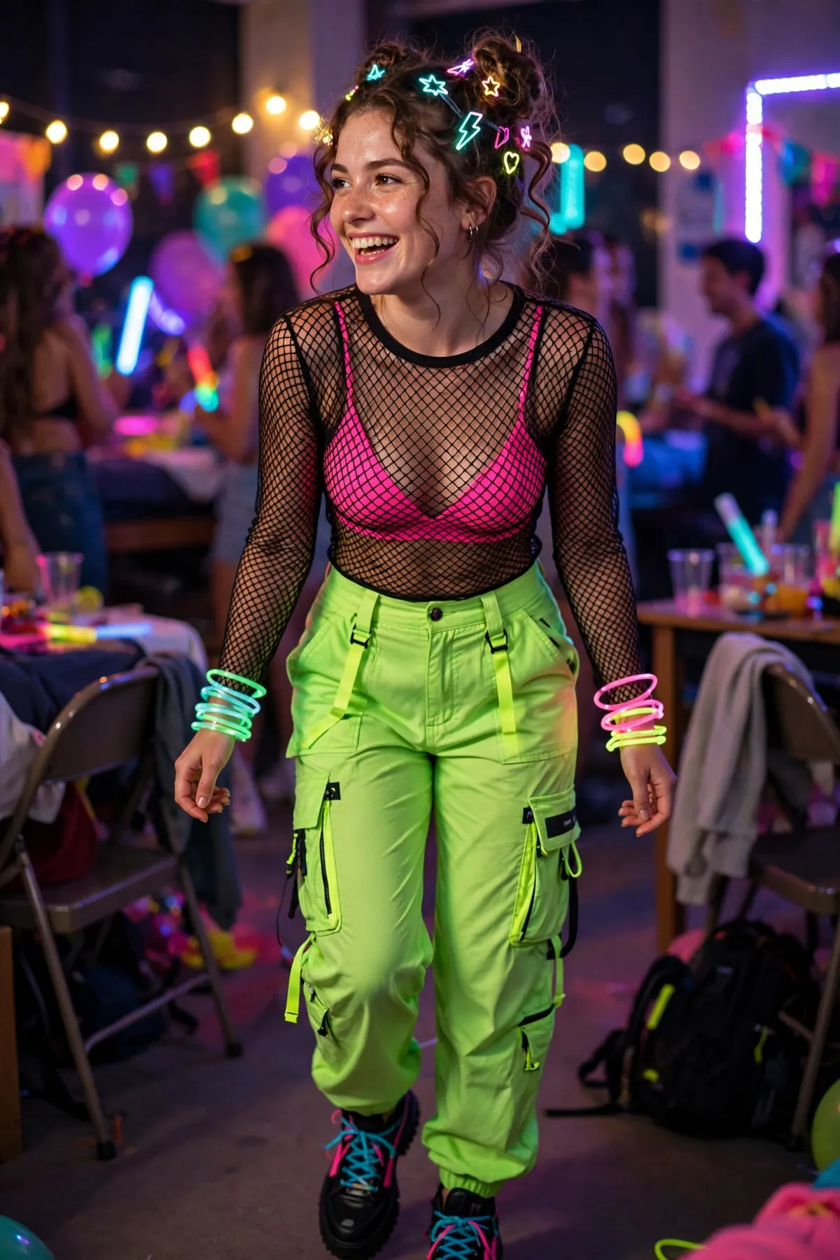 Girl in neon cyber doll rave outfit with fishnets, glow bracelets and LED hair clips
