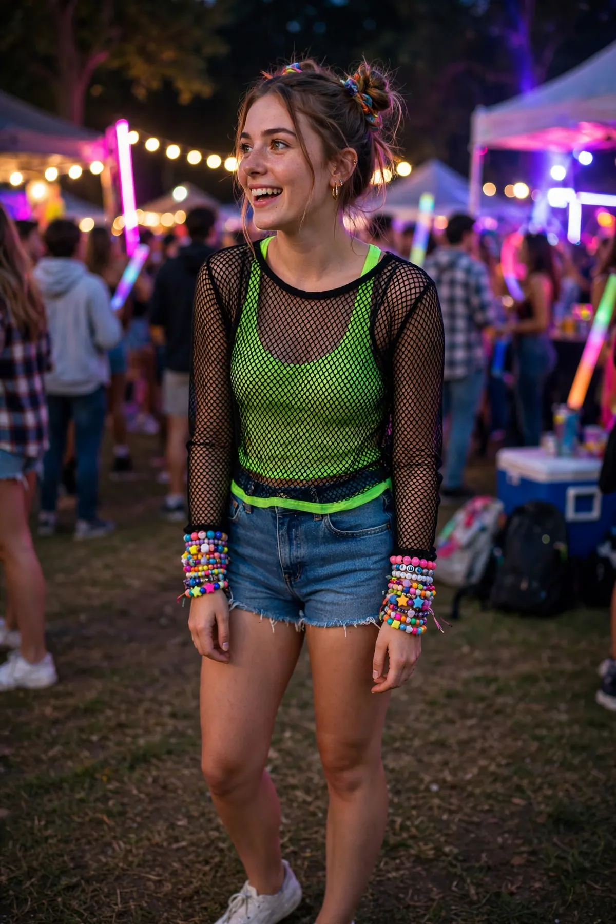 Girl in festival rave outfit with mesh top, shorts and kandi bracelets