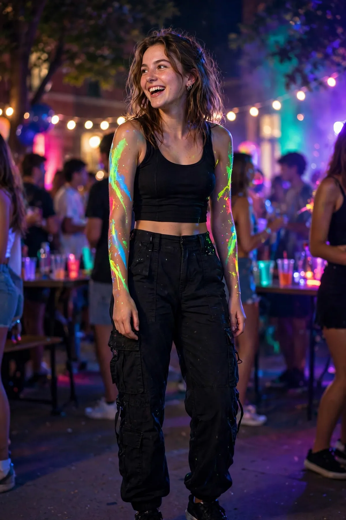 Girl in dark techno rave outfit with black cargo pants and neon glow paint accents