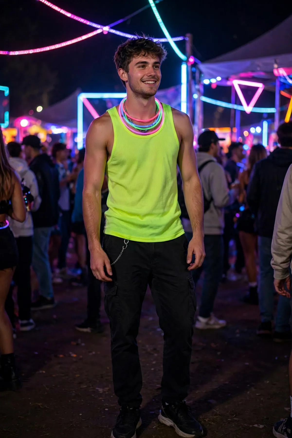 Guy in neon tank top and glow necklaces at a rave party