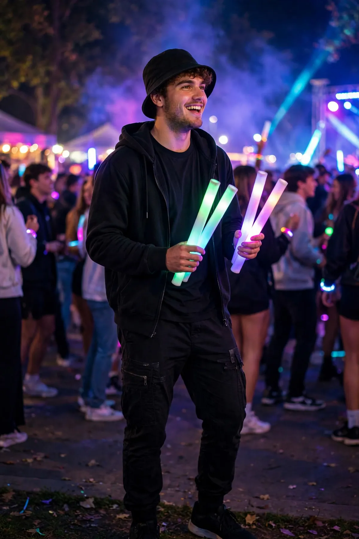 Guy in all-black EDM headliner outfit with bucket hat and glow sticks