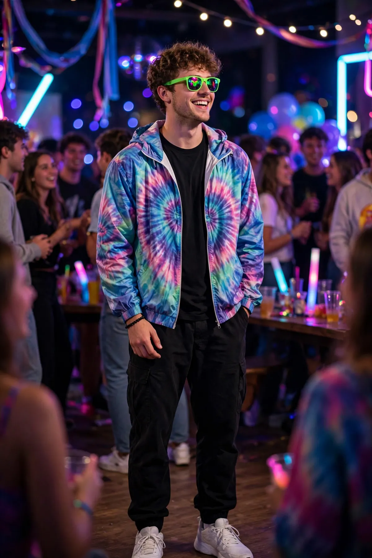 Guy in retro rave outfit with tie-dye windbreaker and neon sunglasses