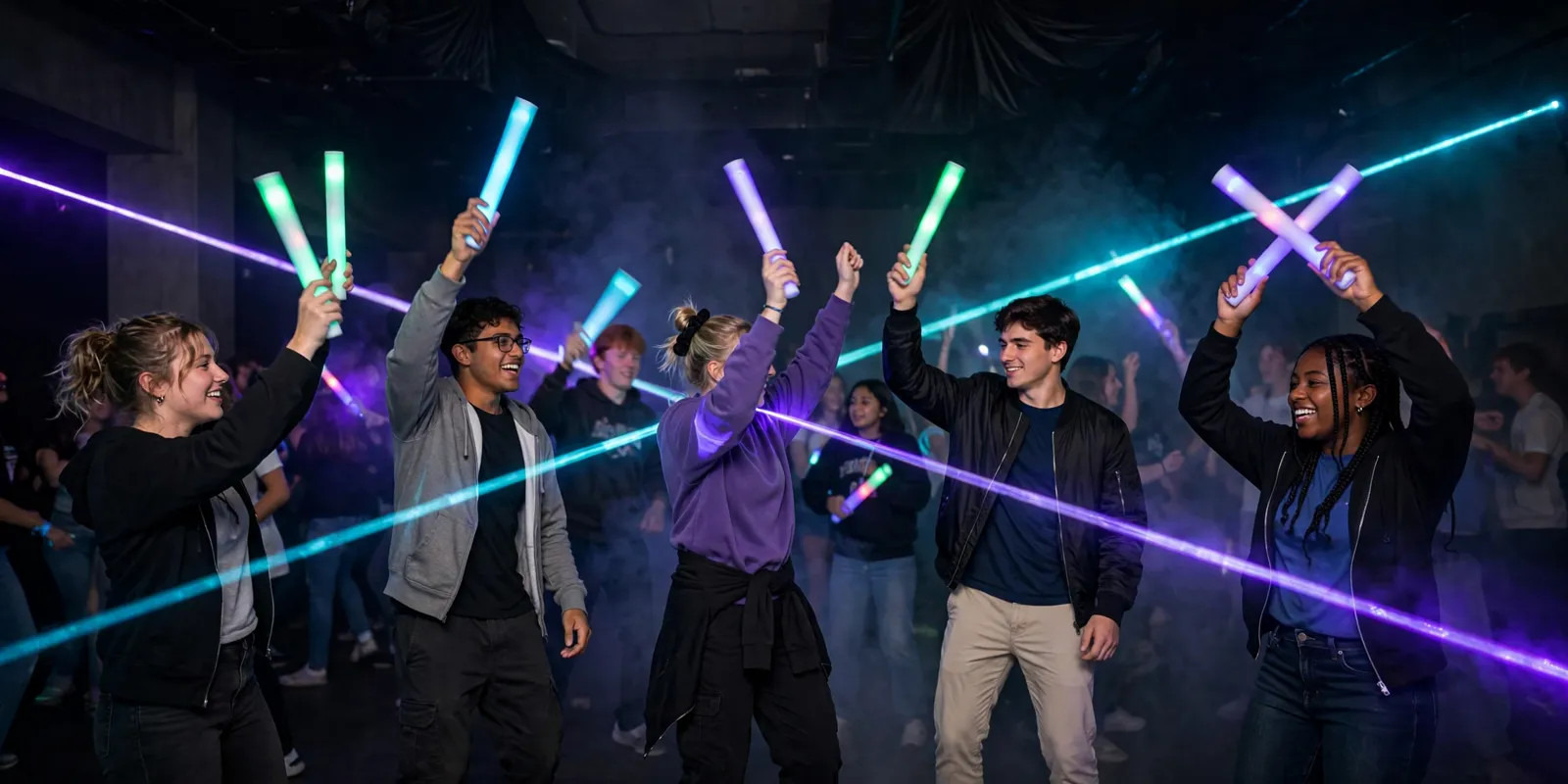 College students dancing at a rave-themed party with lasers, blacklights, and glow sticks