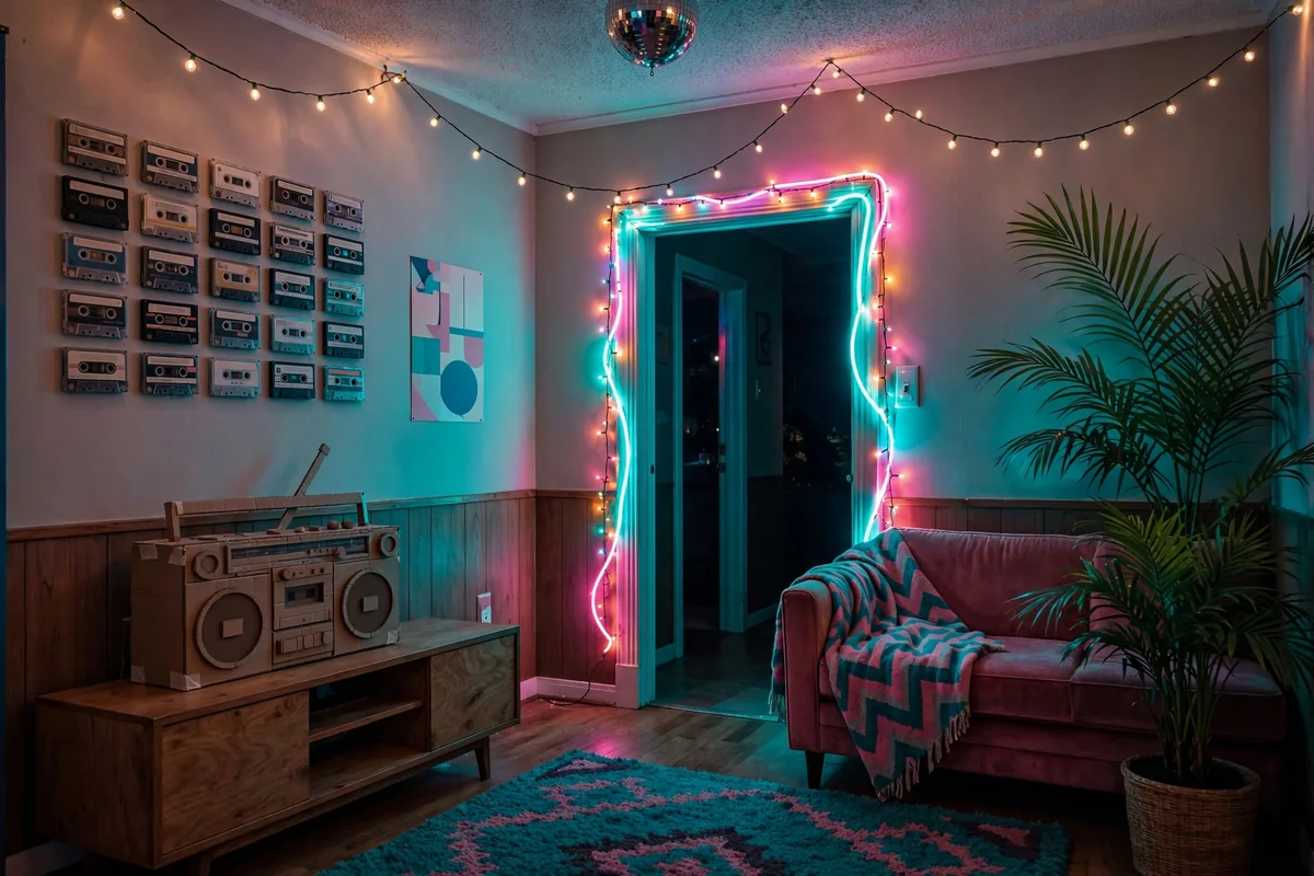 Living room decorated for an 80s party with neon lights, boombox props and cassette wall art