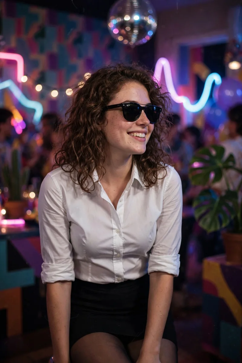 Girl in a white button-down shirt and black mini skirt with sunglasses